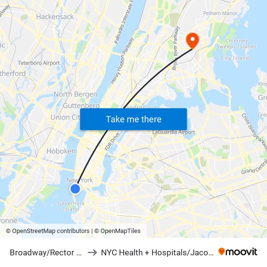 Broadway/Rector St to NYC Health + Hospitals/Jacobi map