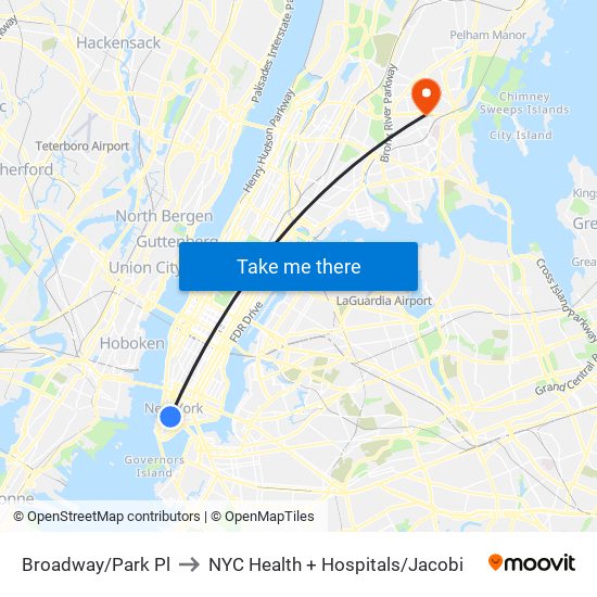 Broadway/Park Pl to NYC Health + Hospitals/Jacobi map