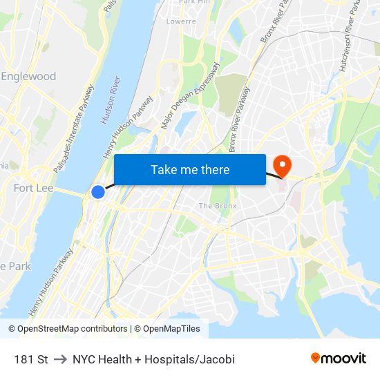 181 St to NYC Health + Hospitals/Jacobi map