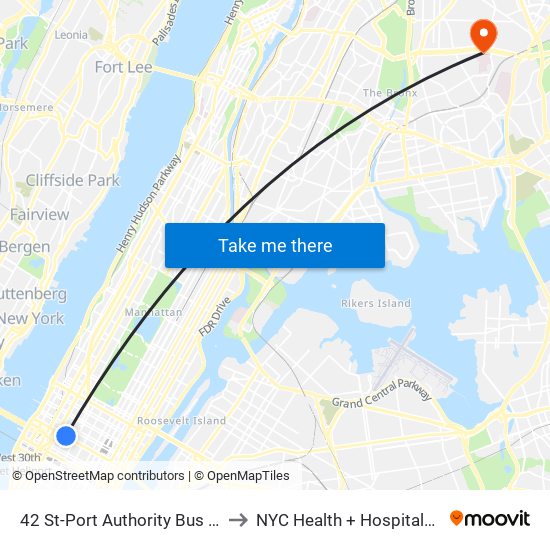 42 St-Port Authority Bus Terminal to NYC Health + Hospitals/Jacobi map