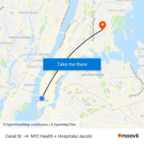 Canal St to NYC Health + Hospitals/Jacobi map