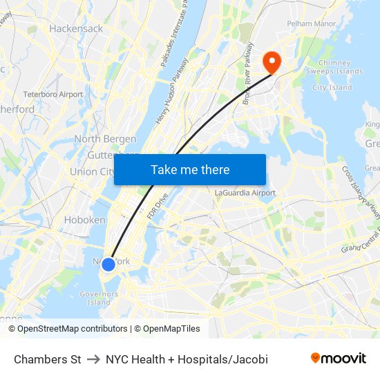 Chambers St to NYC Health + Hospitals/Jacobi map