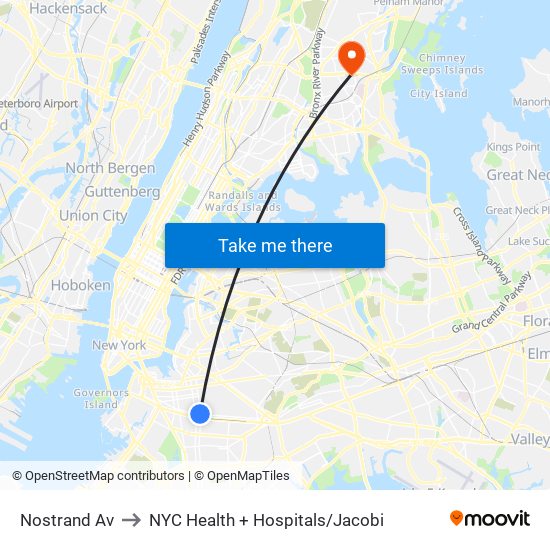 Nostrand Av to NYC Health + Hospitals/Jacobi map