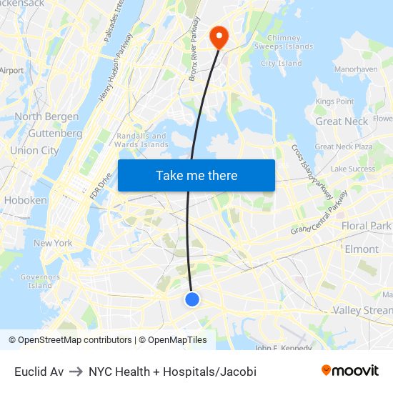 Euclid Av to NYC Health + Hospitals/Jacobi map