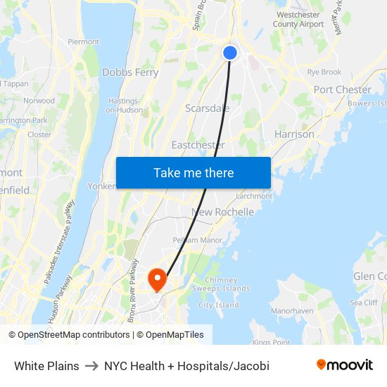 White Plains to NYC Health + Hospitals/Jacobi map