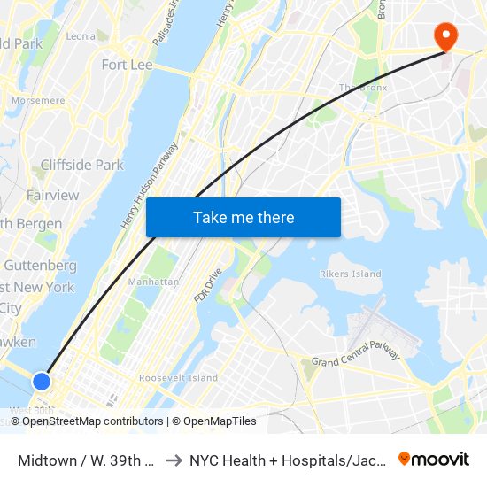 Midtown / W. 39th St. to NYC Health + Hospitals/Jacobi map