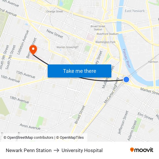 Newark Penn Station to University Hospital map