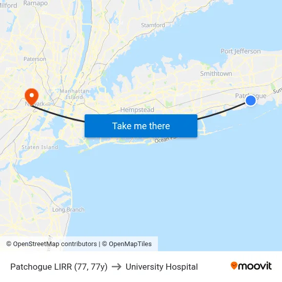 Patchogue LIRR (77, 77y) to University Hospital map