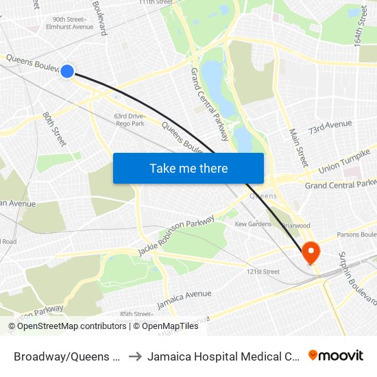 Broadway/Queens Blvd to Jamaica Hospital Medical Center map