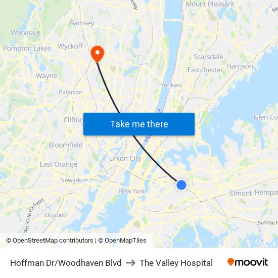 Hoffman Dr/Woodhaven Blvd to The Valley Hospital map