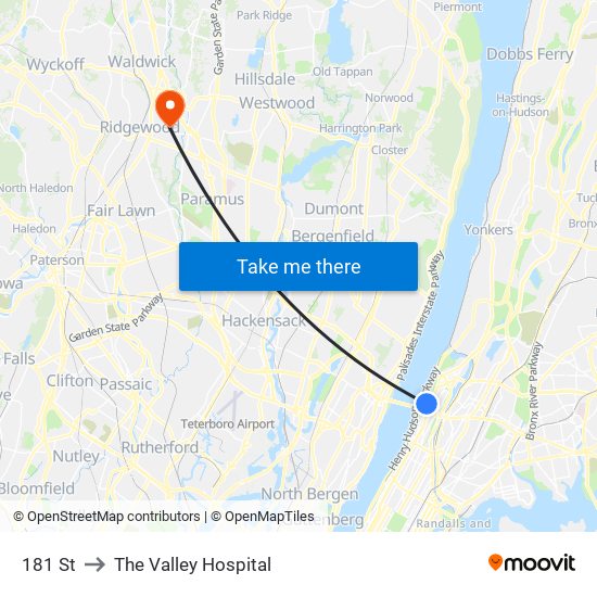 181 St to The Valley Hospital map