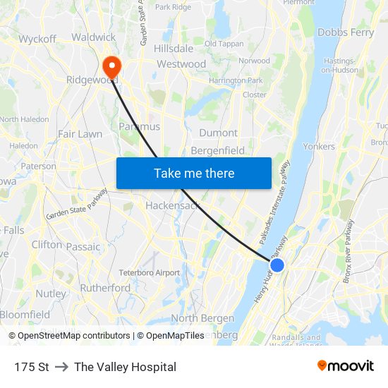 175 St to The Valley Hospital map