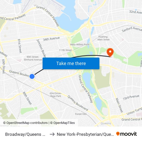 Broadway/Queens Blvd to New York-Presbyterian/Queens map