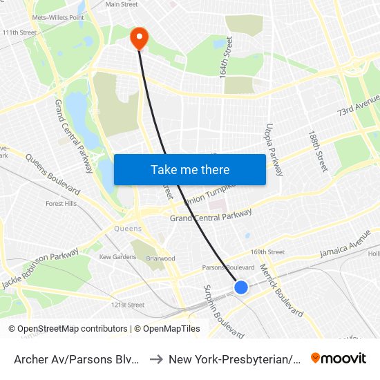 Archer Av/Parsons Blvd Bay D to New York-Presbyterian/Queens map