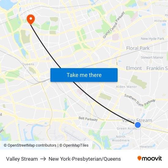 Valley Stream to New York-Presbyterian/Queens map