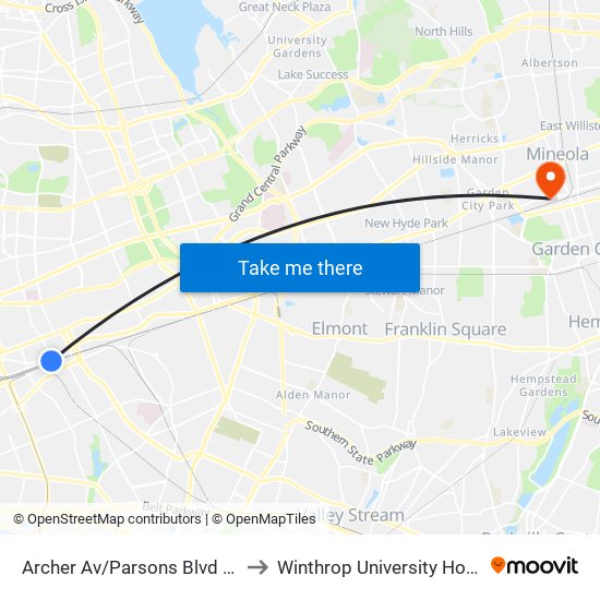 Archer Av/Parsons Blvd Bay D to Winthrop University Hospital map