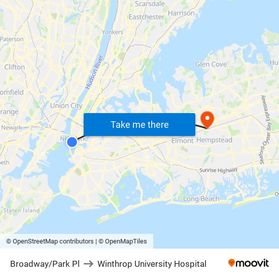 Broadway/Park Pl to Winthrop University Hospital map