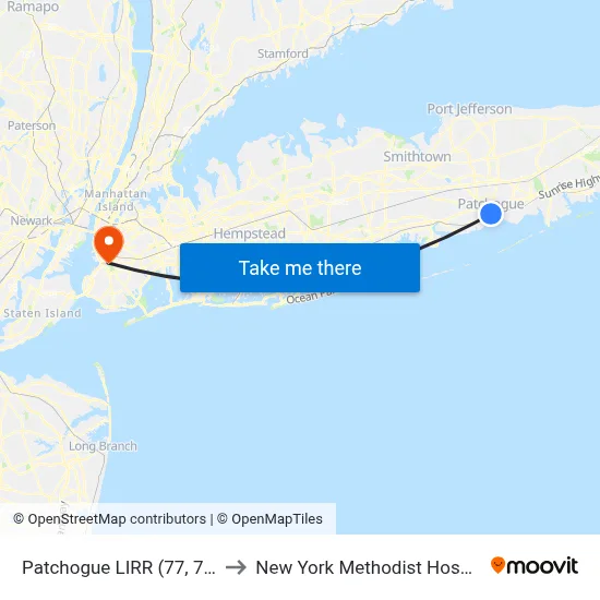 Patchogue LIRR (77, 77y) to New York Methodist Hospital map