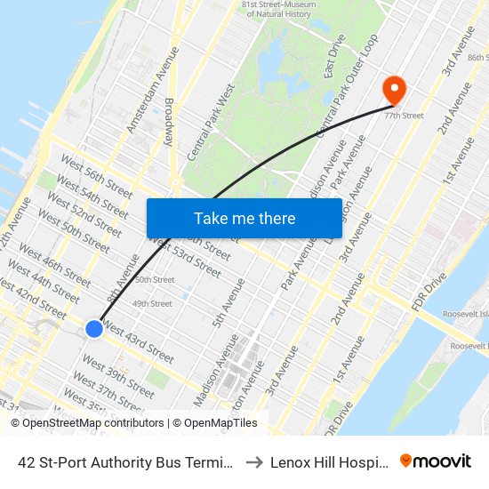 42 St-Port Authority Bus Terminal to Lenox Hill Hospital map