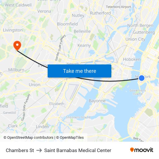 Chambers St to Saint Barnabas Medical Center map