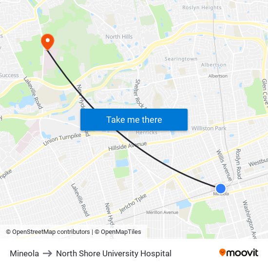 Mineola to North Shore University Hospital map