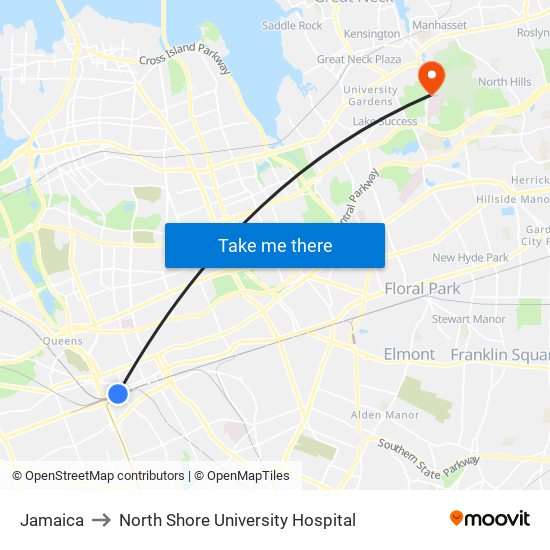 Jamaica to North Shore University Hospital map