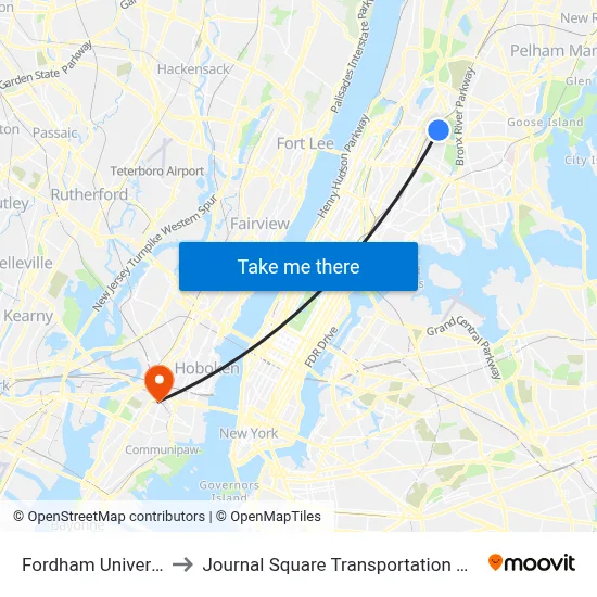 Fordham University to Journal Square Transportation Center map