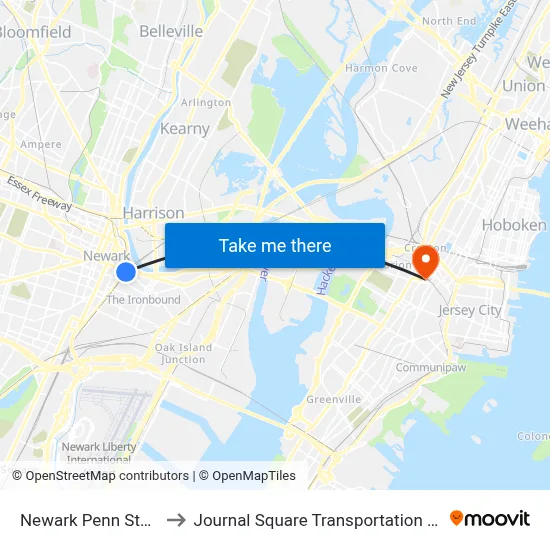 Newark Penn Station to Journal Square Transportation Center map