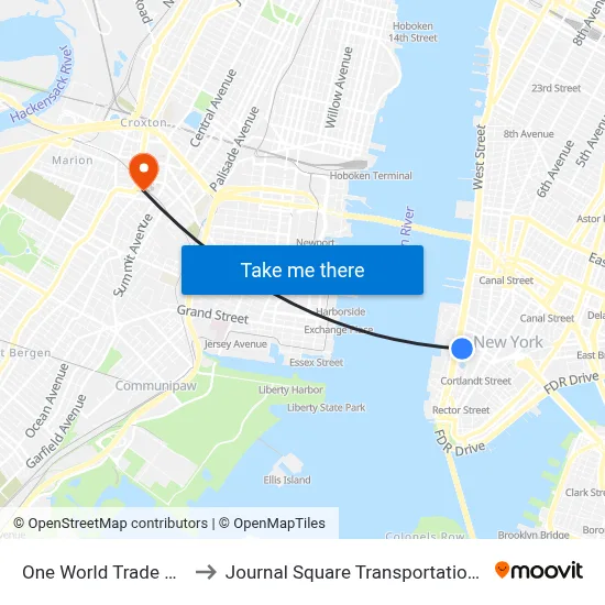 One World Trade Center to Journal Square Transportation Center map