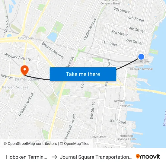 Hoboken Terminal Lot to Journal Square Transportation Center map
