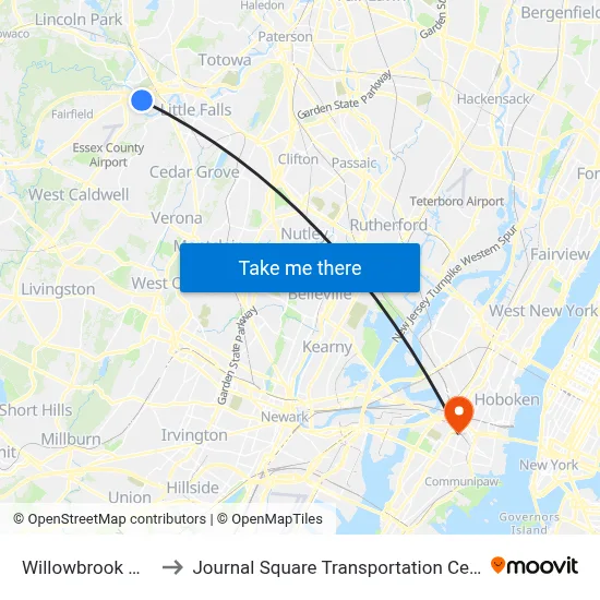 Willowbrook Mall to Journal Square Transportation Center map