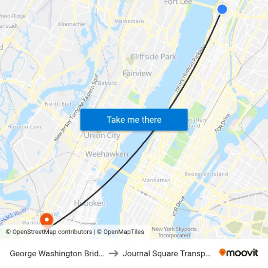 George Washington Bridge Bus Station to Journal Square Transportation Center map