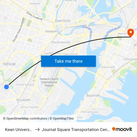 Kean University to Journal Square Transportation Center map
