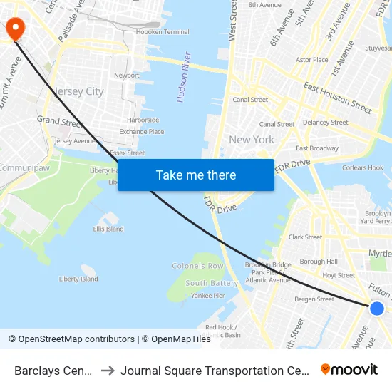Barclays Center to Journal Square Transportation Center map