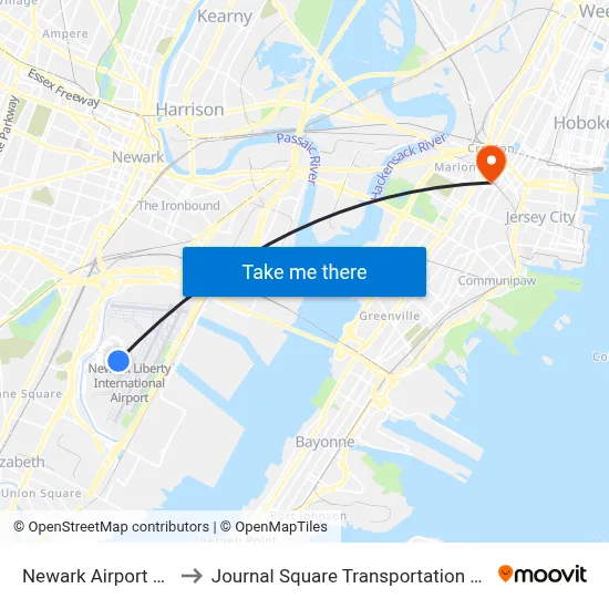 Newark Airport EWR to Journal Square Transportation Center map