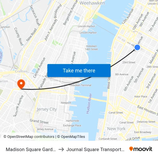 Madison Square Garden Center to Journal Square Transportation Center map