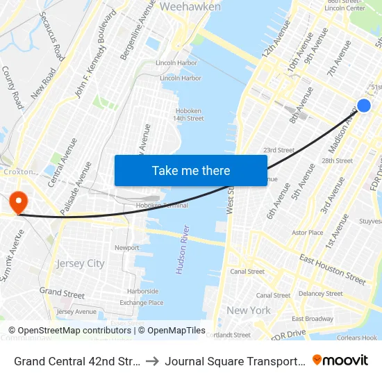 Grand Central 42nd Street Station to Journal Square Transportation Center map