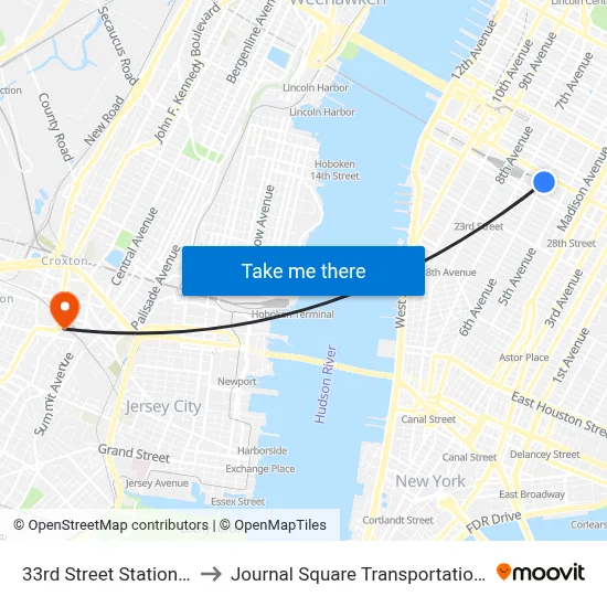 33rd Street Station PATH to Journal Square Transportation Center map