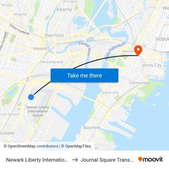 Newark Liberty International Airport Station to Journal Square Transportation Center map
