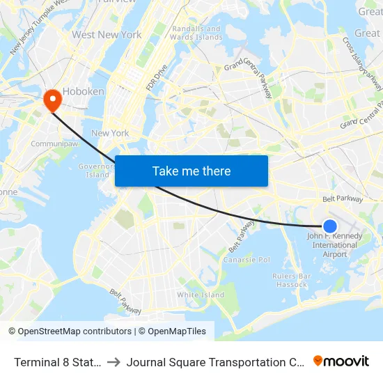 Terminal 8 Station to Journal Square Transportation Center map