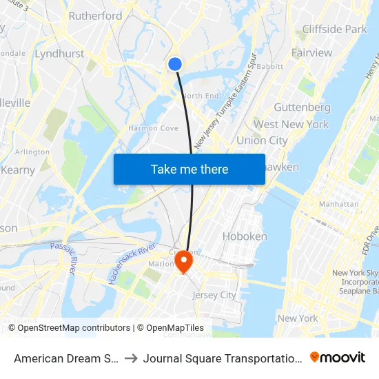 American Dream Station to Journal Square Transportation Center map