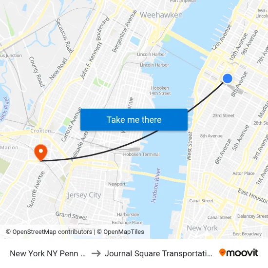 New York NY Penn Station to Journal Square Transportation Center map