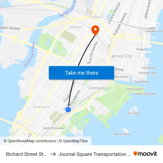 Richard Street Station to Journal Square Transportation Center map