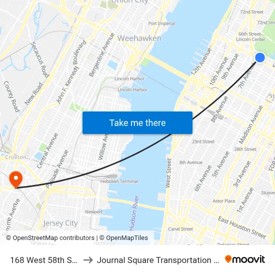 168 West 58th Street to Journal Square Transportation Center map