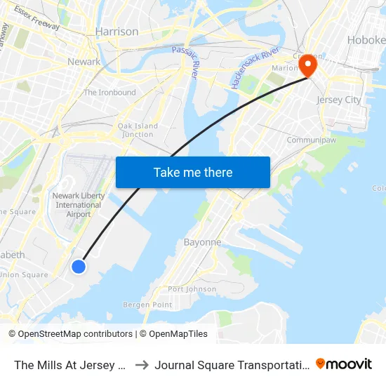 The Mills At Jersey Gardens to Journal Square Transportation Center map