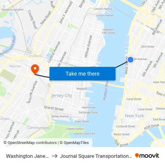 Washington Jane Park to Journal Square Transportation Center map