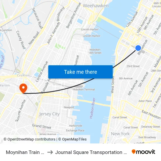 Moynihan Train Hall to Journal Square Transportation Center map