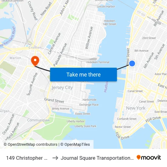 149 Christopher Street to Journal Square Transportation Center map