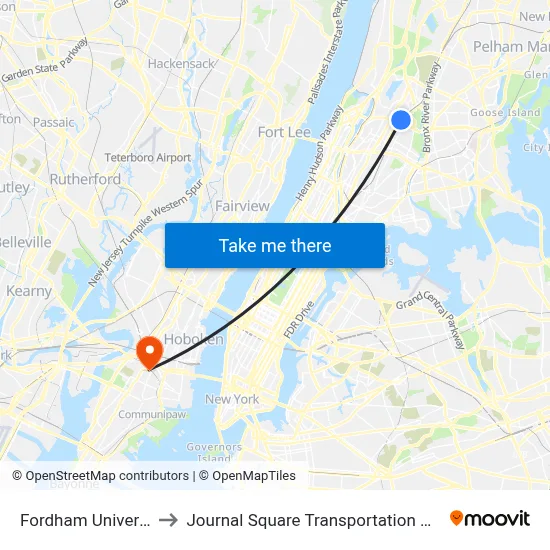 Fordham University to Journal Square Transportation Center map