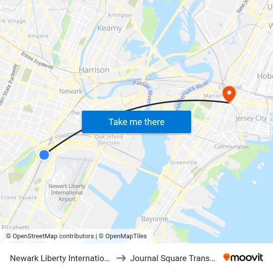Newark Liberty International Airport Station to Journal Square Transportation Center map